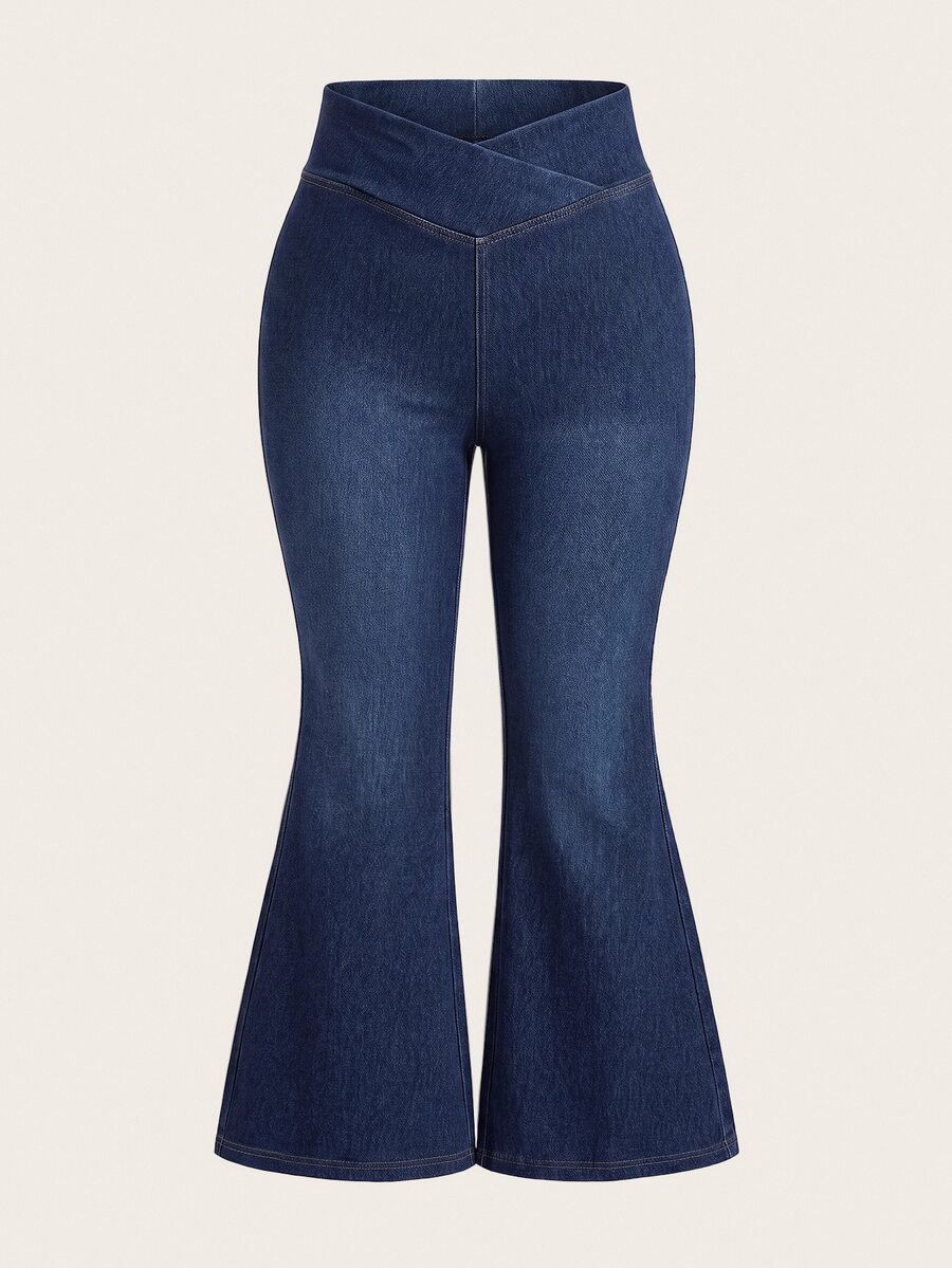 SHEIN CURVE+ 大尺碼時尚街頭風交叉腰喇叭牛仔褲 - 藍色 - 查看 1