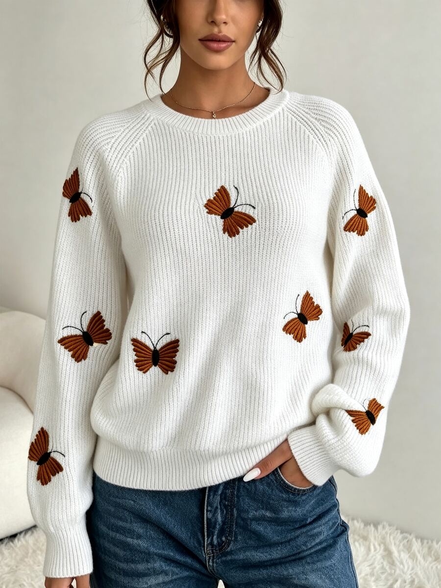 SHEIN Women's Knitted Pullover Top With Butterfly Embroidery - White - View 1