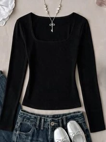 SHEIN 青少年女孩大圓領彈性修身百搭簡約長袖T恤，舒適穿著 - 黑色 - 查看 3