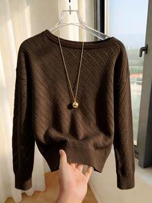 SHEIN Asymmetrical One Shoulder Knit Pullover Coffee Brown Loose Drop Shoulder Sweater For Autumn Brunch French Casual - Coffee Brown - View 4