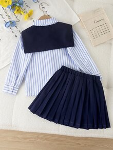 SHEIN Elladie kids 女童藍白棕色襯衫百褶裙兩件套 上衣：直條紋長袖披肩式下擺 高腰迷你裙 校園生日穿搭 - 白色 - 查看 2