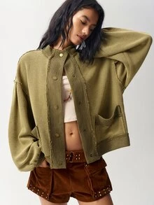 Bohemela Jaket Kasual Wanita Warna Polos Lengan Panjang Model Bahu Longgar Kancing Tunggal Potongan Reguler - Hijau - View 3