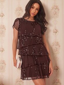 Amorya Đầm ngắn thời trang nữ màu trơn nâu đậm, tay ngắn cánh hoa, đính sequin, bèo nhún nhiều lớp, phong cách thanh lịch gợi cảm cho tiệc cocktail, đi chơi đêm mùa hè - màu nâu - Xem 7