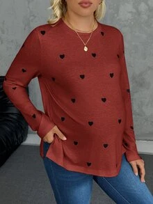 SHEIN 孕婦休閒愛心印花側開衩T恤，適合秋季 - 酒紅色 - 查看 4