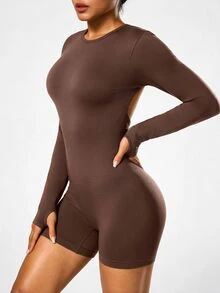 Slayform Women's Brown Backless Long Sleeve Seamless Sports Jumpsuit - Brown - View 4