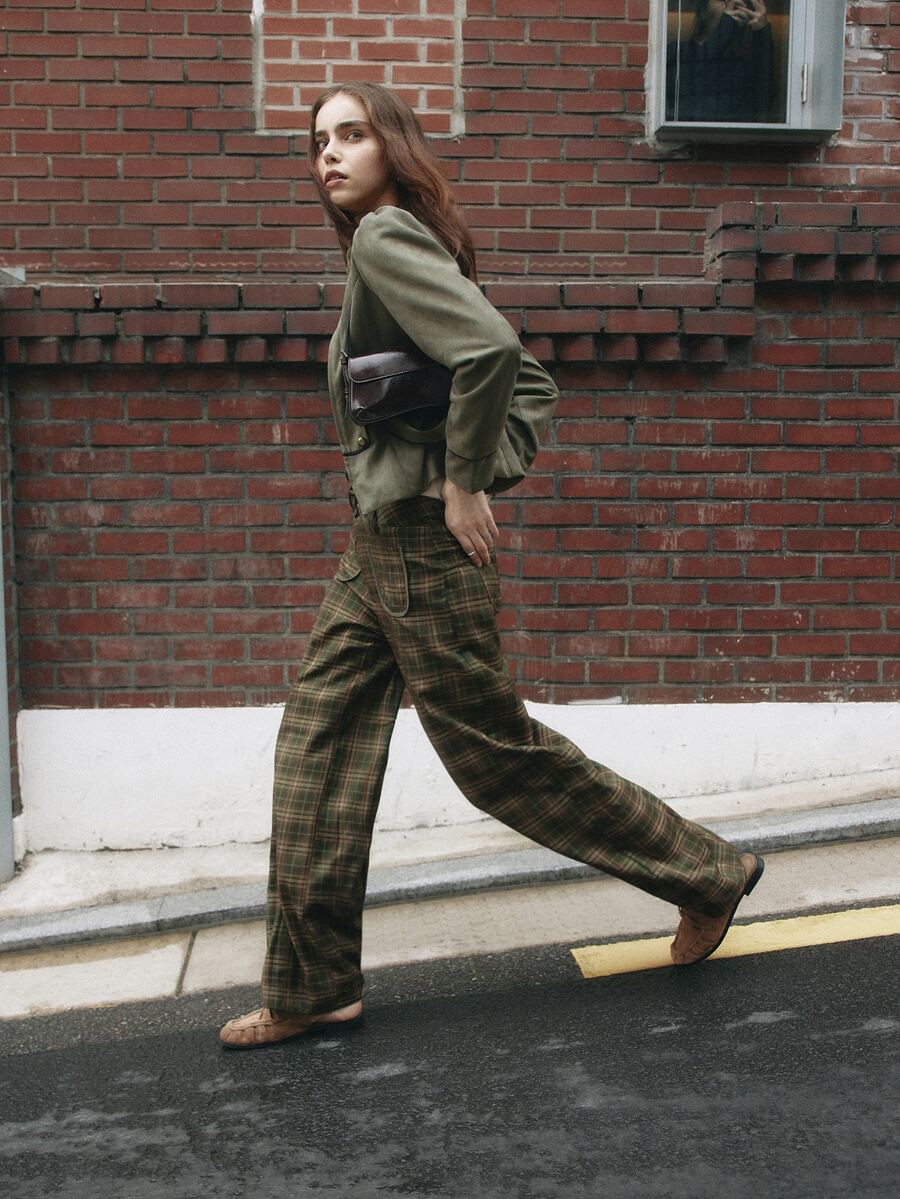 Nöista High Waist Plaid Wide Leg Pants With Patch Pockets. Fall Winter, Casual, Everyday, Back To School. - Army Green - View 1