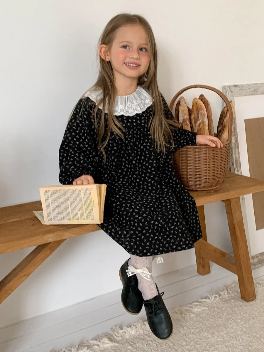 Dazy Kids Young Girl Sweet French Lace Patchwork Long Sleeve Dress - Black - View 1