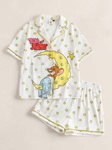 TOM & JERRY X SHEIN Women's Cartoon Print Short Sleeve Top And Shorts Casual Daily Home Pajama Set - White - View 1