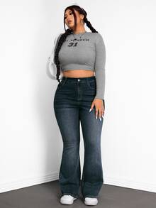 SHEIN EZwear Plus Size Fashion Street Button Pocket Flared Jeans - Blue - View 6
