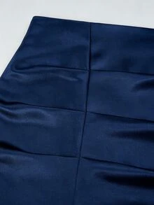 Sweetra Plus Size Autumn/Winter Elegant Sexy Satin Fitted Ruched Lace Patchwork Bodycon Mini Skirt Fall - Navy Blue - View 5