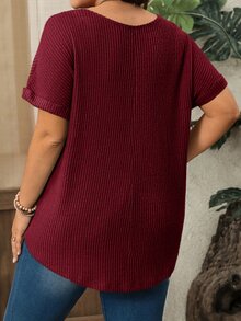 EMERY ROSE 大尺碼女款藍色V領插肩袖條紋刷毛寬鬆度假上衣 日常休閒 春季女裝 夏季女裝 春假穿搭 - 酒紅色 - 查看 2