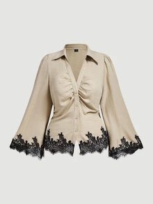 SHEIN MOD بلوزة مقاس كبير من الدانتيل الفرنسي مع رقعات وأزرار وكسرات - كاكي - مشاهدة 1