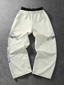 ROMWE MEN Men's Vintage Cross & Calligraphy Print Double Waistband Colorblock Long Pants - Grey - View 2