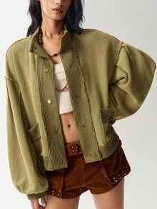 Bohemela Jaket Kasual Wanita Warna Polos Lengan Panjang Model Bahu Longgar Kancing Tunggal Potongan Reguler - Hijau - View 2