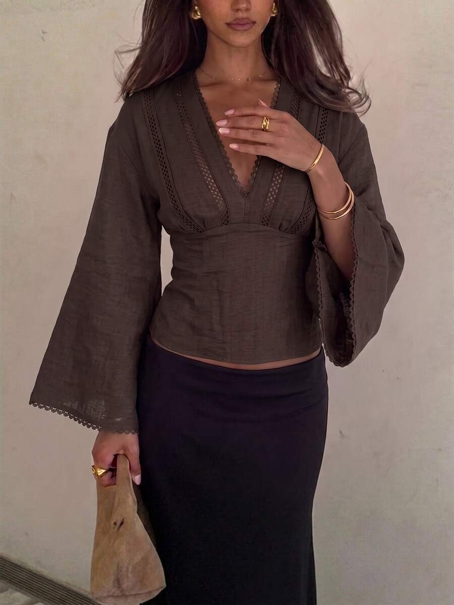Siren Gaze Women's Solid Color Contrast Lace V-Neck Bell Sleeve Fashion Blouse - Apricot - View 1