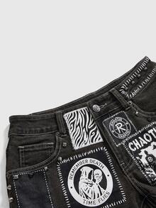 ROMWE Grunge Punk Autumn/Winter Punk Hot Girl Metal Rivet Visual Style Patchwork Print Fur Trim Denim Shorts - Grey - View 3