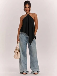 SHEIN BAE Women's Solid Color Casual Versatile Daily Wear Halter Neck Top - Black - View 7