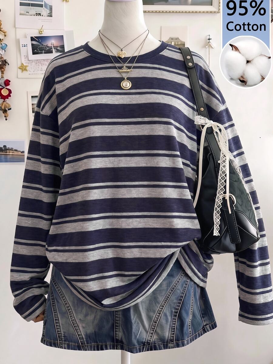 SHEIN EZwear 休閒極簡條紋對比色圓領長袖T恤,適合夏季 - 彩色 - 查看 1
