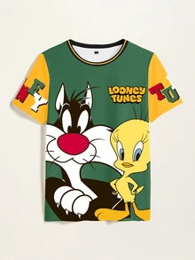 LOONEY TUNES X SHEIN Plus Size Women Letter Print Round Neck Short Sleeve Casual T-Shirt - White - View 3