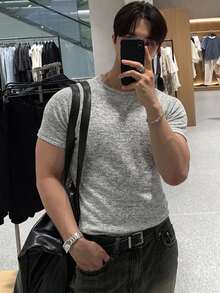 DAZY 男士短袖高彈性混紡磨毛麻灰面料修身版型T恤 - 灰色 - 查看 3