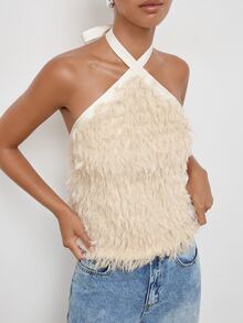 Maija Women's Long Fur Fringe Criss-Cross Halter Tie Tank Top, Party Night Cocktail Urban Sexy Elegant Summer Beige - Apricot - View 5