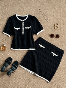 Grovea Plus Size Elegant Button Contrast Color Short Sleeve Knit Top And Mini Skirt Set - Black - View 3