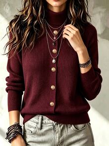 LUMIGAL Women's Solid Color Casual Versatile Daily Wear Knit Top - Burgundy - View 1