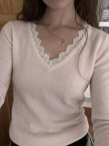 Flirla 女款秋冬休閒年輕百搭蕾絲飾邊拼接軟針織修身毛衣 - 淺粉色 - 查看 3