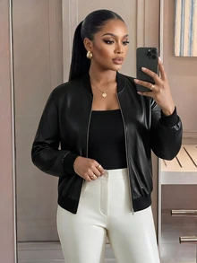 SHEIN Lady CURVE Áo khoác thời trang đa năng cổ bóng chày màu trơn cho nữ size lớn - màu đen - Xem 6