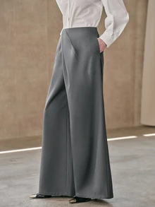 Anewsta Celana Panjang Wanita Elegan, Longgar, Ramping, dengan Potongan Lebar dan Desain Berkerut, Cocok untuk Kantor, Perjalanan, dan Santai di Rumah - Grey - View 3