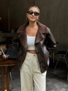 DAZY Autumn/Winter Deep Brown Turn Collar Flight Leather Jacket Lamb Fleece Lining Loose Vintage Street Commute Cool Women's Padded Coat - Coffee Brown - View 6