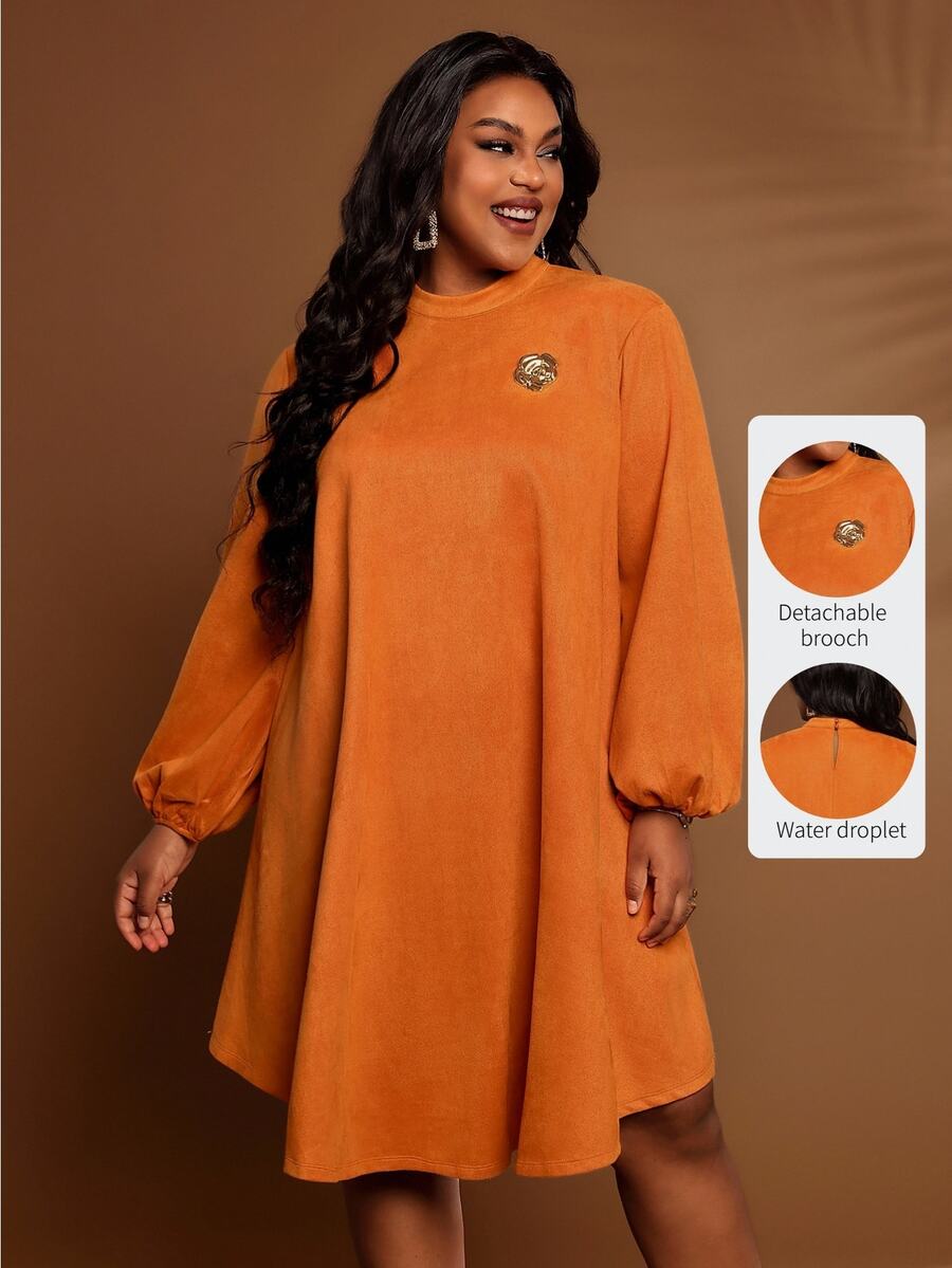 BrightlyHer Plus Size Simple Vacation Long Sleeve Dress For Weekend Outings - Orange - View 1