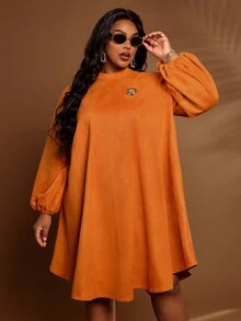 BrightlyHer Plus Size Simple Vacation Long Sleeve Dress For Weekend Outings - Orange - View 5