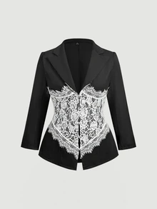 SHEIN MOD Plus Size Elegant Lace Patchwork Contrast Color Button Blazer - Black and White - View 1