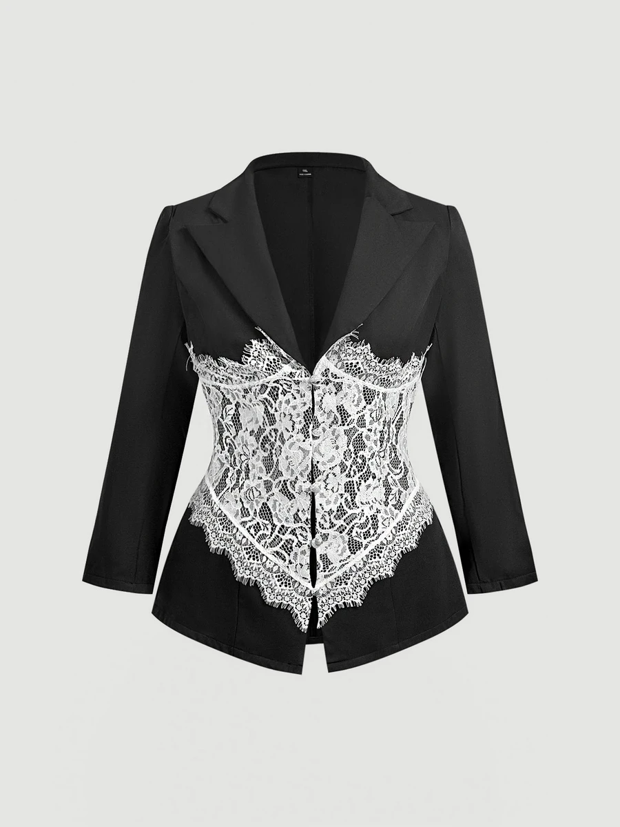 SHEIN MOD Plus Size Elegant Lace Patchwork Contrast Color Button Blazer - Black and White - View 1