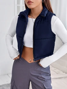 SHEIN PETITE 秋冬款拉鍊短版填充背心外套 - 藏蓝色 - 查看 3