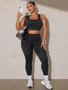 SHEIN Rhythm Era Plus Size Women Seamless Leopard Print Sports Bra And Leggings Set - Dark Grey - View 5