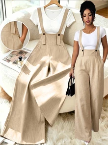 GlowEve CURVE Plus Size Women Solid Color Button Design Pocket Wide Leg Overalls Fall - Khaki - View 1