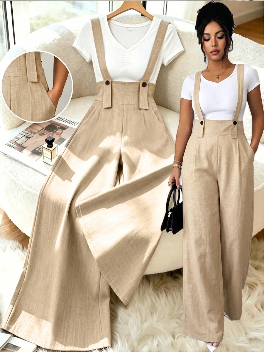 GlowEve CURVE Plus Size Women Solid Color Button Design Pocket Wide Leg Overalls Fall - Khaki - View 1