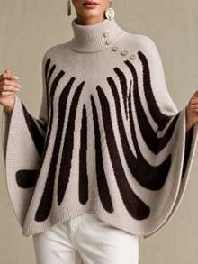 SHEIN كنزة نسائية بياقة عالية وكتف مفتوح بتصميم ألوان متباينة وخطوط موضة خريف/شتاء - لون مشمشي - مشاهدة 4