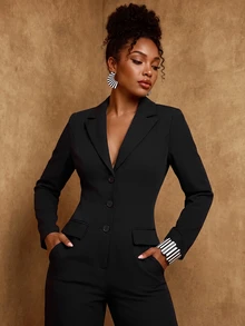 SHEIN Lunessa Jumpsuit Blazer Hitam Modis untuk Komuter - Hitam - View 4