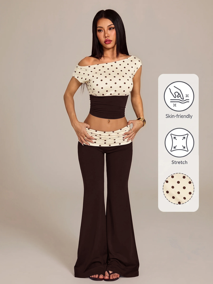Vivamere Casual Vacation Solid Color Knitted Women's Long Pants With Contrast Polka Dot Folded Waistband Flare Leg - Multicolor - View 13