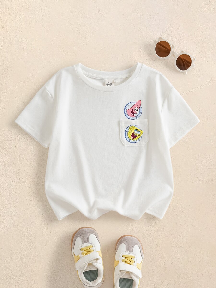 SpongeBob SquarePants | SHEIN Young Boy Cartoon Print Casual Daily Short Sleeve T-Shirt - White - View 1
