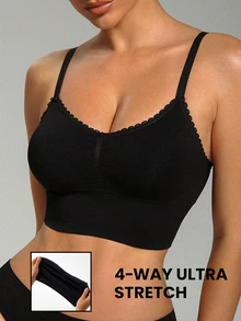 SHEIN 女款蕾絲拼接無縫內衣居家穿著 - 黑色 - 查看 3