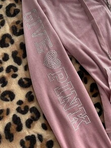 Elamini Vintage Y2K Velvet Fur Collar Hooded Rhinestone Embellished Waist-Cinching Slim Fit Long Sleeve Sweatshirt Jacket - Pink - View 4