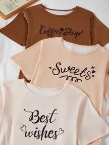 Snug Zone Letter Print Casual Pullover Short Sleeve & Shorts Set, 3-Color Combination - Multicolor - View 3