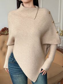 DAZY Autumn/Winter Asymmetrical Hem Cape Batwing Sleeve Metal Button Decor Commute Elegant Women Blouse - Apricot - View 3