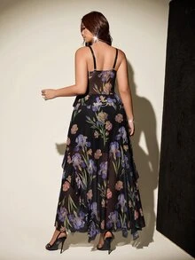 Viva Relle Black Floral Print Spaghetti Strap Corset Dress Eyelash Lace Trim High Low Irregular Ruffle Hem Boned Bustier Party Maxi Gown - Black - View 2