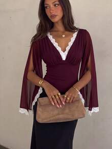Siren Gaze Women's Elegant Commute Lace Patchwork Cape Sleeve Blouse - Burgundy - View 5