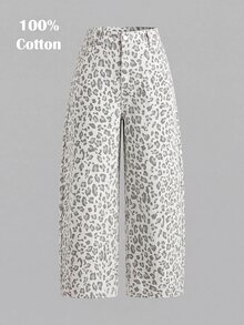 SHEIN MOD 大尺碼女款豹紋彎腿休閒寬鬆牛仔褲 - 彩色 - 查看 1